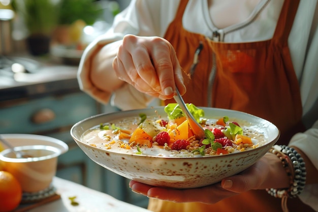 Kucharz przygotowujący talerz z warzywami